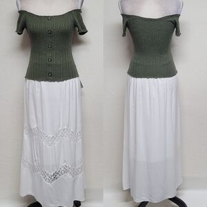 Tribella Boho White Lace Insert Elastic Waist Three-quarter Lined Midi Skirt L